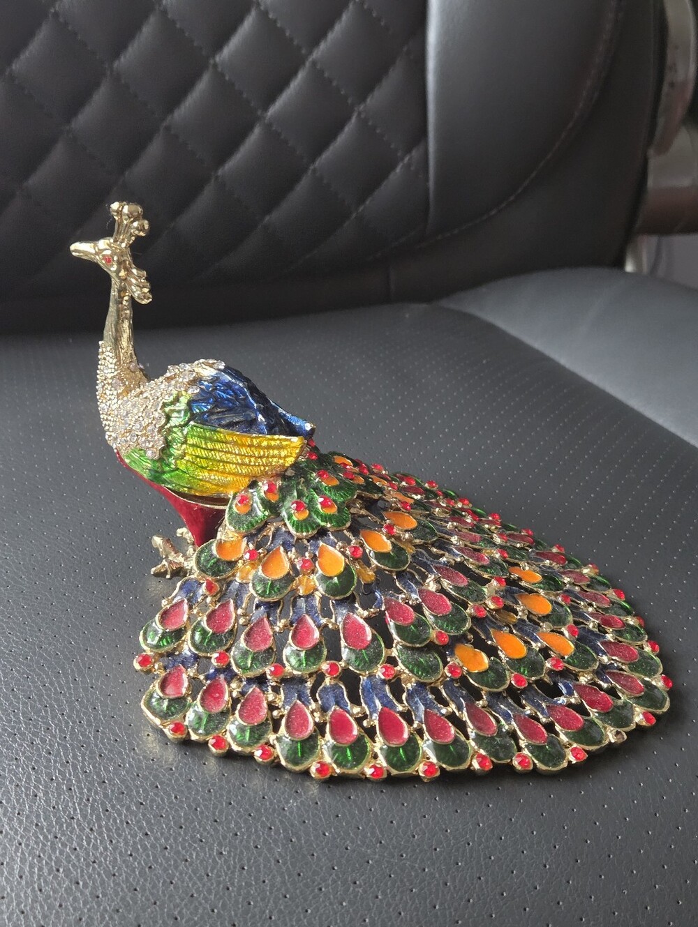 Multicolor Enamel Peacock Figurine Jewelry Trinket Box
